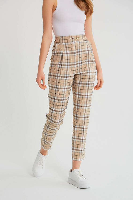  - Robin Düğme Detaylı Ekose Pantolon CAMEL