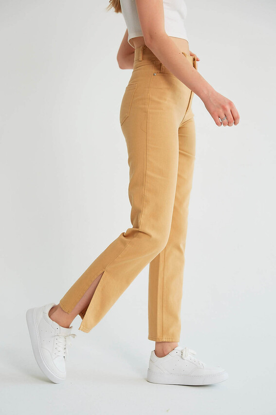 Robin Paçası Yırtmaçlı Yüksek Bel Jean Pantolon CAMEL