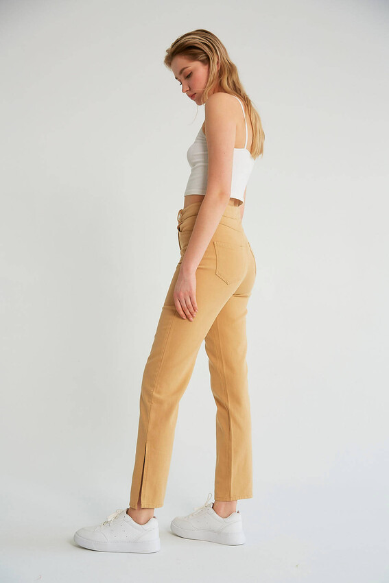 Robin Paçası Yırtmaçlı Yüksek Bel Jean Pantolon CAMEL