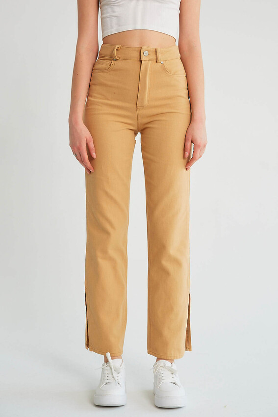 Robin Paçası Yırtmaçlı Yüksek Bel Jean Pantolon CAMEL