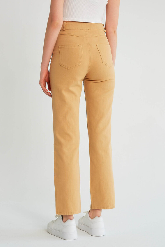 Robin Paçası Yırtmaçlı Yüksek Bel Jean Pantolon CAMEL